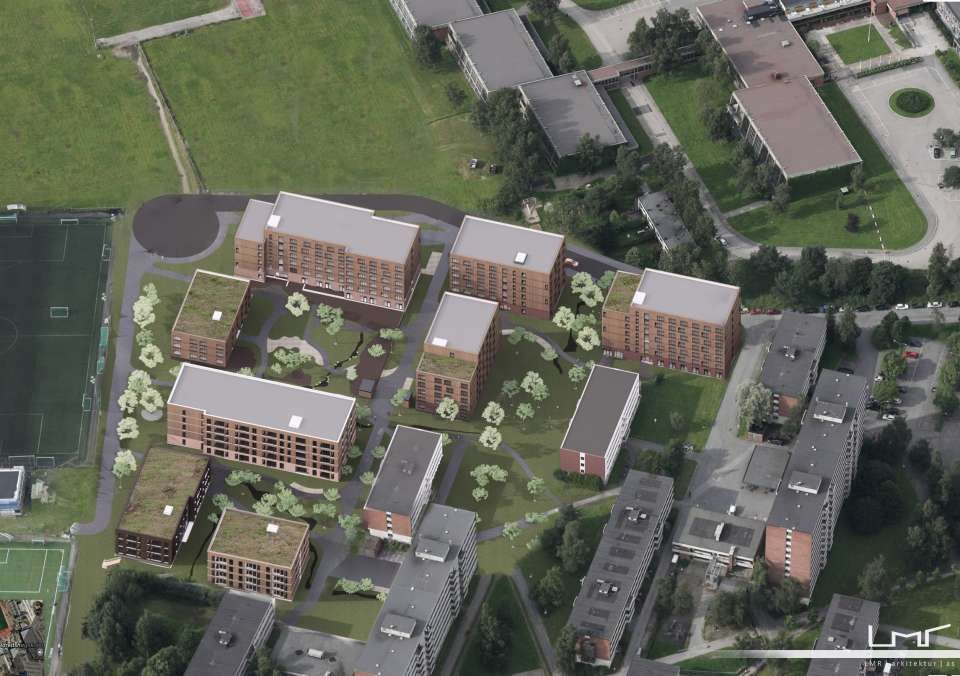 Oversiktsbilde i 3D av alle bygg i byggetrinn 3 av Kringsjå studentbyer i Oslo. Skisse av LMR arkitektur AS