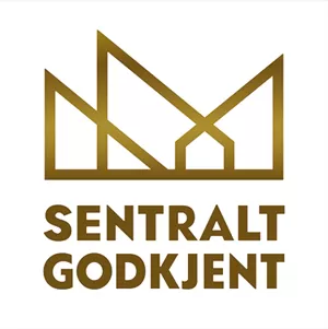 Sentralt godkjent-logo, gull på hvit bakgrunn.