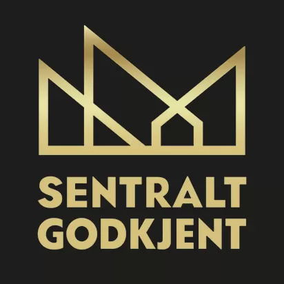 Sentralt Godkjent-logo, gullfarget på svart bakgrunn